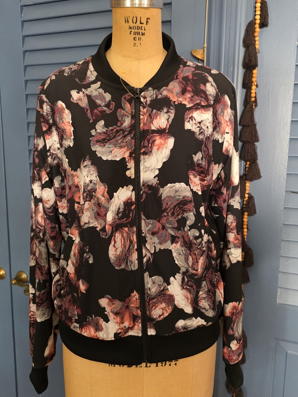 Floral Zip Bomber Jacket in Black & Rose - Women's